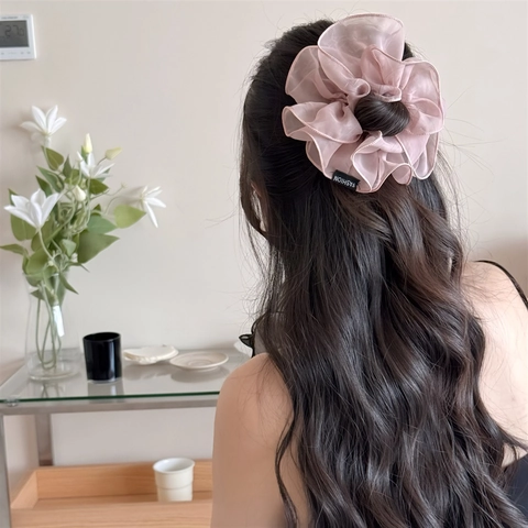 Coletero de Malla de Tela Estilo Coreano Gran Anillo de Pelo Elegante Color Sólido Volantes Capullo Lazo de Pelo para Mujeres Accesorios