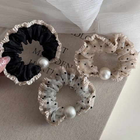 Elegante Elastico per Capelli in Rete a Pois Stile Francese Con Perla Artificiale Pizzo a Volant Accessori per Capelli Vintage Dolce per Donna