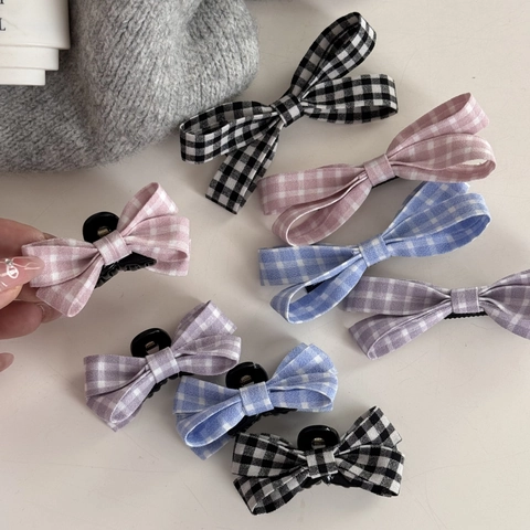Dolce Fermaglio per Capelli con Fiocco a Quadri per Donna Retro Semplice in Tessuto Gingham Clip a Becco d'Anatra Piccola Clip a Artiglio Accessori per Capelli