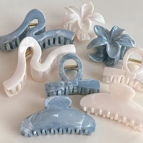 Eleganti Mollette per Capelli Grandi in Resina con Texture Marmo Inchiostro Stile Francese Blu Bianco Pinze per Capelli Donna Accessori