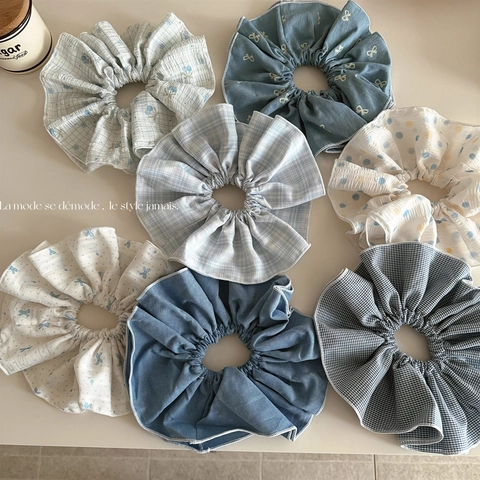 Korean Style Oversized Scrunchies For Women Blue White Plaid Polka Dot Bow Printed Hair Ties Handmade Fabric Ponytail Holders Fashion Accessories