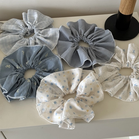 Korean Style Oversized Scrunchies For Women Blue White Plaid Polka Dot Bow Printed Hair Ties Handmade Fabric Ponytail Holders Fashion Accessories