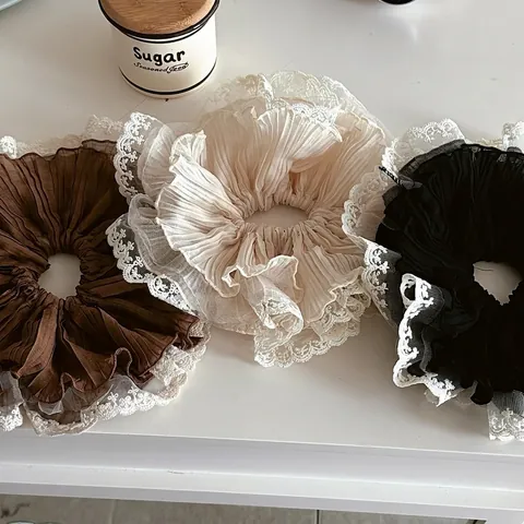 Vintage Chiffon Struktur Spitze Haargummis Elegante Plissierte Haarbänder Koreanischer Retro-Stil Elastische Haarschmuck Für Damen
