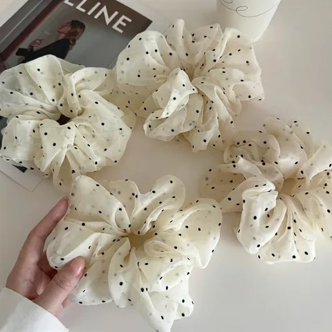 Elegante Scrunchie in Rete a Pois Crema Elastico per Capelli in Organza Oversize Plissettato Stile Coreano Donna Accessori