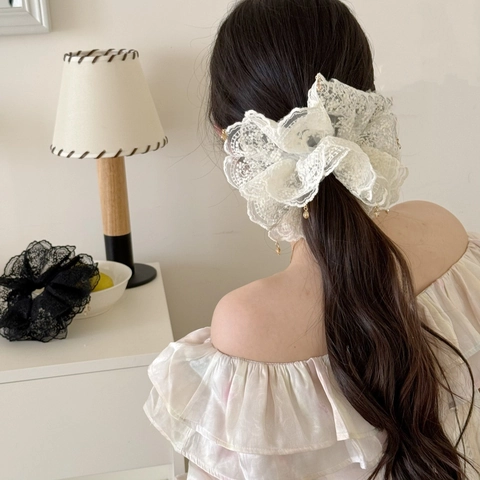 Chouchou en Dentelle Vintage Français Avec Pendentif en Strass Style Ballet Élastique à Cheveux Floral Oversize Femme Fille Accessoires