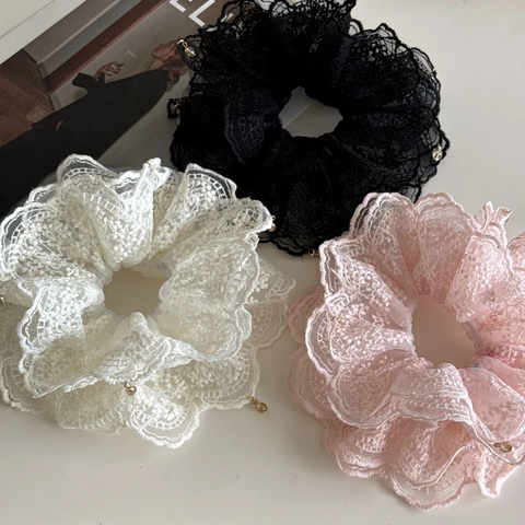 Chouchou en Dentelle Vintage Français Avec Pendentif en Strass Style Ballet Élastique à Cheveux Floral Oversize Femme Fille Accessoires