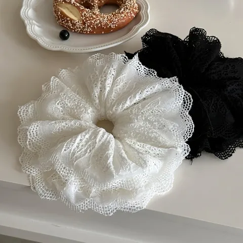 Oversized Holle Maas Kant Scrunchies Voor Vrouwen Grote Stof Haarelastiekjes Vintage Bloemen Haaraccessoires Voor Knot Paardenstaart