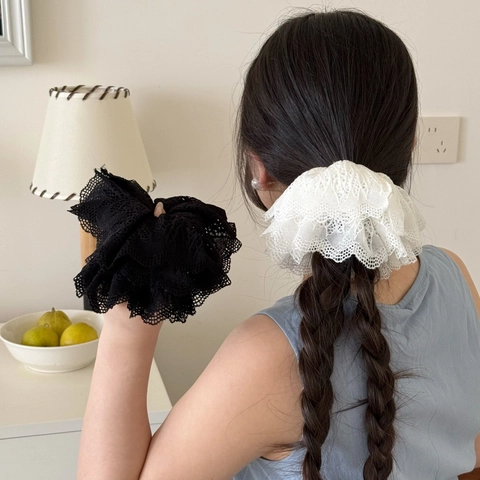 Oversized Holle Maas Kant Scrunchies Voor Vrouwen Grote Stof Haarelastiekjes Vintage Bloemen Haaraccessoires Voor Knot Paardenstaart