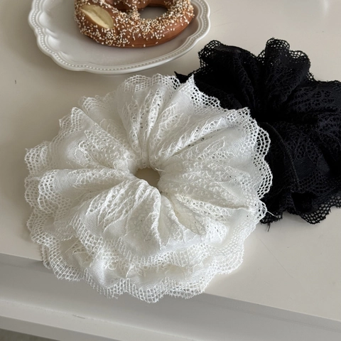Oversized Hollow Mesh Lace Scrunchies For Women Large Fabric Hair Ties Vintage Floral Hair Accessories For Bun Ponytail Decor