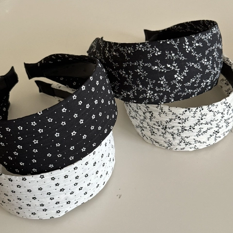 French Vintage Wide Brim Padded Headband Fabric Black White Polka Dot Floral Star Pattern Hair Hoop Women Daily Accessories