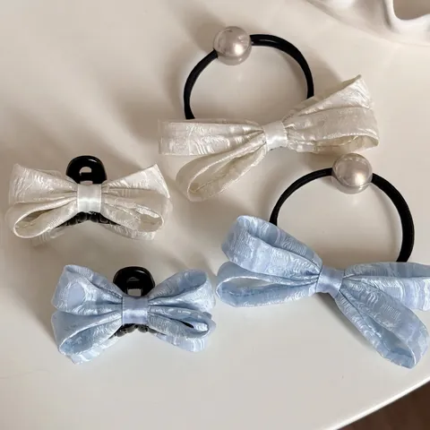 Eleganti Fermagli per Capelli a Fiocco con Motivo Vintage Piccola Molla a Squalo Decorazione Künstliche Perle Fiocco in Raso Jacquard Elastico per Capelli Donna