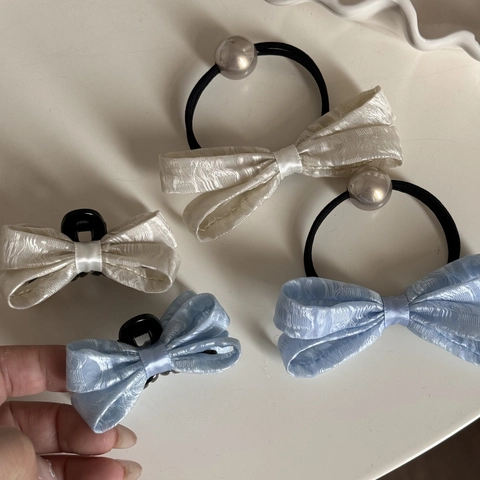 Eleganti Fermagli per Capelli a Fiocco con Motivo Vintage Piccola Molla a Squalo Decorazione Künstliche Perle Fiocco in Raso Jacquard Elastico per Capelli Donna