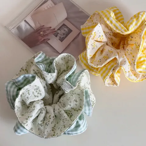 Korean Sweet Plaid Floral Scrunchie Patchwork Large Hair Tie Elastic Hair Ring For Women Girls Fashion Hair Accessories