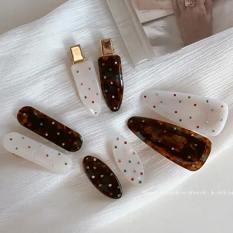 French Vintage Acetate Hair Clips Set With Multi Color Rhinestones Tortoiseshell Marble Pattern Duckbill Clips For Women Hair Accessories