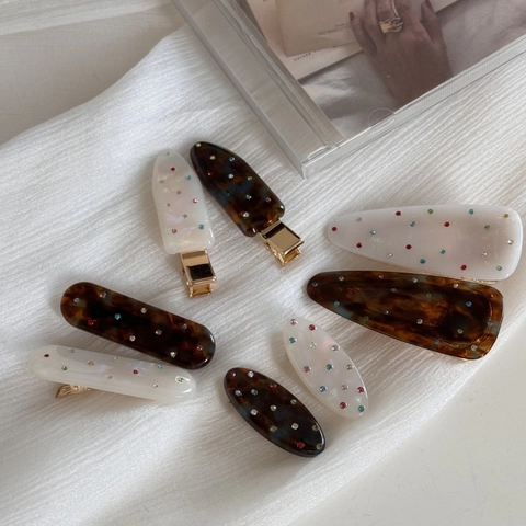 French Vintage Acetate Hair Clips Set With Multi Color Rhinestones Tortoiseshell Marble Pattern Duckbill Clips For Women Hair Accessories