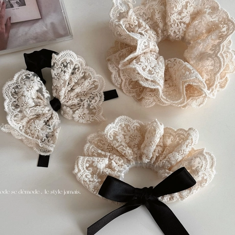 Coletero De Encaje Vintage Francés Lazo Gomas Para El Pelo Blanco Crema Bordado Floral Accesorios Elegantes Para Mujer Peinado