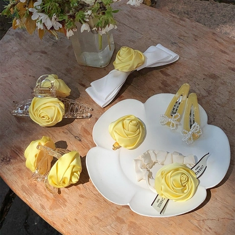 Accessori per Capelli da Donna Vintage Francese Fermaglio Rosa Gialla Fiocco in Raso Elastico Künstliche Perle Becco d'Anatra per Ragazze