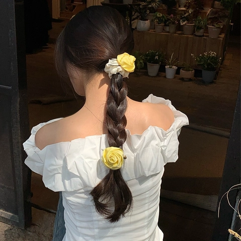 Accessori per Capelli da Donna Vintage Francese Fermaglio Rosa Gialla Fiocco in Raso Elastico Künstliche Perle Becco d'Anatra per Ragazze