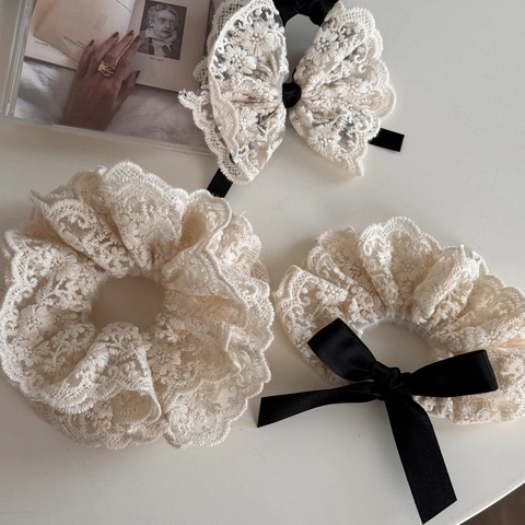 Coletero De Encaje Vintage Francés Lazo Gomas Para El Pelo Blanco Crema Bordado Floral Accesorios Elegantes Para Mujer Peinado