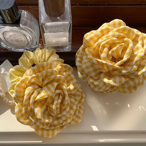 Pince à Cheveux Vichy Jaune Rose Fleur Élégante Grande Fleur en Tissu Élastiques à Cheveux pour Femmes Accessoires de Mode Coréenne