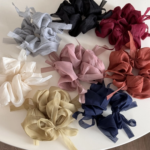 Coletero con Lazo de Cinta Extra Grande Color Sólido Francés Elegante Plisado de Malla Accesorios para el Cabello para Mujer