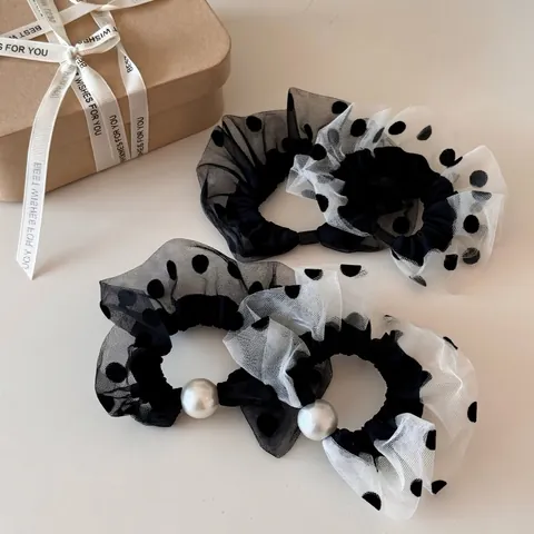 Elastico per Capelli in Rete a Pois Vintage Francese Con Grande Perla Artificiale Elegante Scrunchie Elastico Fatto a Mano per Donna
