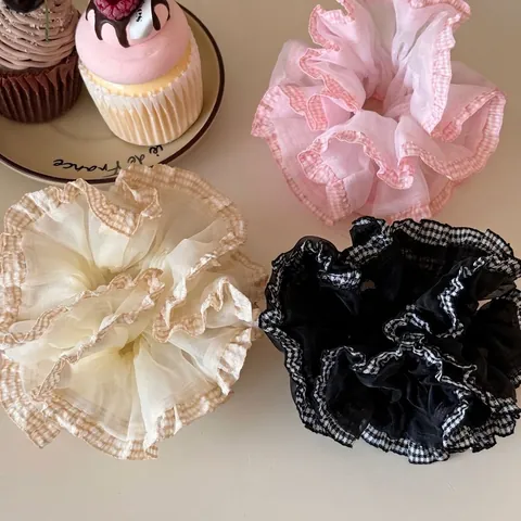 Korean Style Plaid Trim Mesh Large Scrunchie For Women Girls Sweet Elegant Pleated Fabric Hair Tie Elastic Ponytail Holder