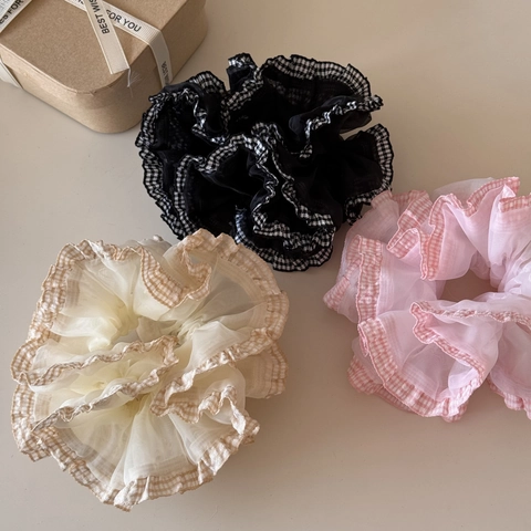 Korean Style Plaid Trim Mesh Large Scrunchie For Women Girls Sweet Elegant Pleated Fabric Hair Tie Elastic Ponytail Holder