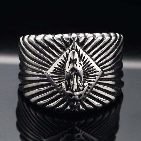 Bague Vierge Marie en Acier Inoxydable Vintage pour Hommes Retro Religieuse Notre Dame De Guadalupe Sunburst Band Ring Bijoux Hip Hop