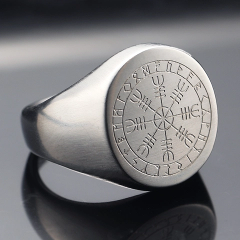 Nordic Viking Compass Ring Vegvisir Rune Stainless Steel Signet Ring For Men Vintage Punk Nordic Mythology Finger Jewelry