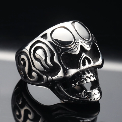 Vintage Titanium Steel Skull Ring Gothic Punk Rock Carved Band Ring Heavy Metal Biker Jewelry For Men Party Accessory