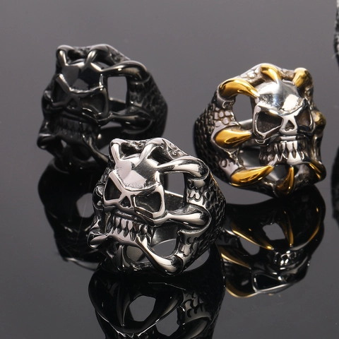 Men's Punk Skull Eagle Claw Ring Titanium Steel Gothic Rock Biker Ring Vintage Skeleton Dragon Scale Design Jewelry