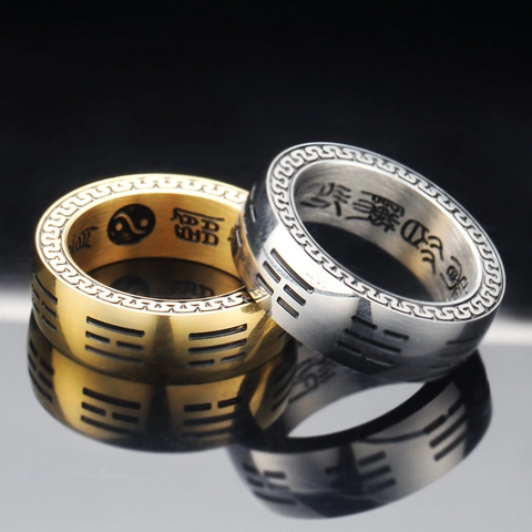 Anello in Acciaio al Titanio Bagua Taiji Stile Cinese Retrò per Uomo Anello a Fascia Lucido Totem Etnico Vintage Gioielli