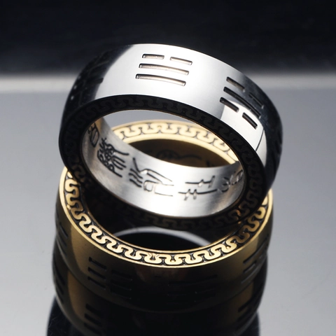 Anello in Acciaio al Titanio Bagua Taiji Stile Cinese Retrò per Uomo Anello a Fascia Lucido Totem Etnico Vintage Gioielli