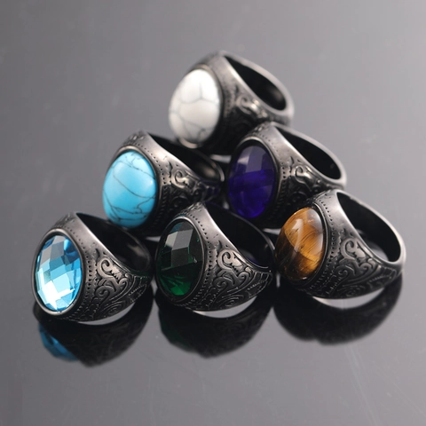 Anillo de Acero Inoxidable Vintage para Hombre con Piedra Preciosa Ovalada Grande Patrón de Volutas en Relieve Punk Gótico Joyería de Metal Negro
