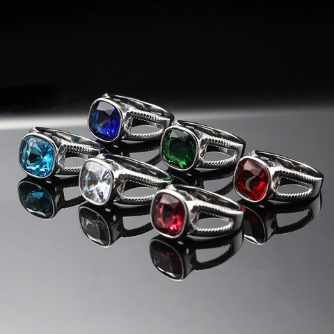 Men Retro Punk Titanium Steel Ring With Square Cut Colorful Zirconia Gemstone Twisted Cable Texture Band Jewelry For Party