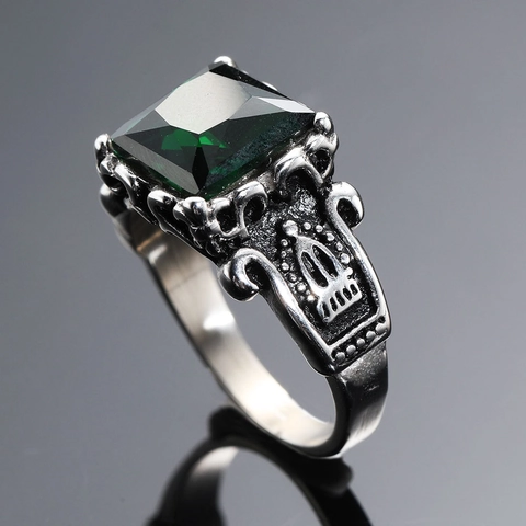 Vintage Punk Crown Stainless Steel Ring For Men Gothic Four Prong Green Zirconia Inlaid Finger Ring Retro Jewelry Gift