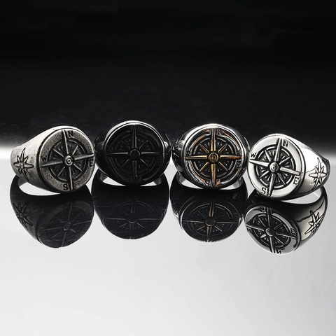 Vintage Compass Signet Ring For Men Stainless Steel Nautical Sailor Jewelry Retro Punk Band Finger Ring