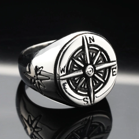 Vintage Compass Signet Ring For Men Stainless Steel Nautical Sailor Jewelry Retro Punk Band Finger Ring