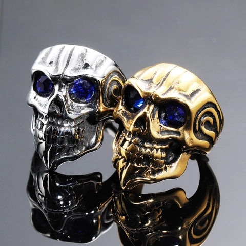 Punk Gothic Stainless Steel Skull Ring For Men Gold Steel Color Blue Zircon Eye Vintage Biker Bone Ring Jewelry