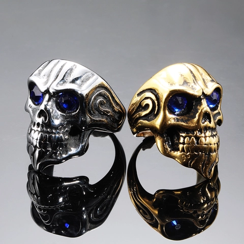 Punk Gothic Stainless Steel Skull Ring For Men Gold Steel Color Blue Zircon Eye Vintage Biker Bone Ring Jewelry