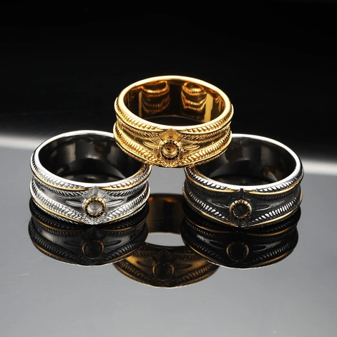 Vintage Feather Stainless Steel Ring Retro Men's Punk Style Band Ring Two-Tone Gold Silver Totem Ring For Men Jewelry