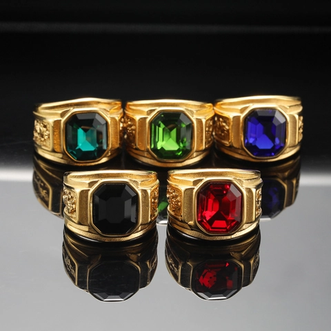 Retro Men's Stainless Steel Dragon Ring With Large Rectangular Rhinestone Punk Gold Silver Inlaid Gemstone Finger Ring Jewelry