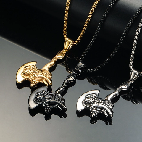Viking Dragon Head Axe Pendant Necklace For Men Stainless Steel Punk Nordic Style Battle Axe Charm With Box Chain Gothic Jewelry