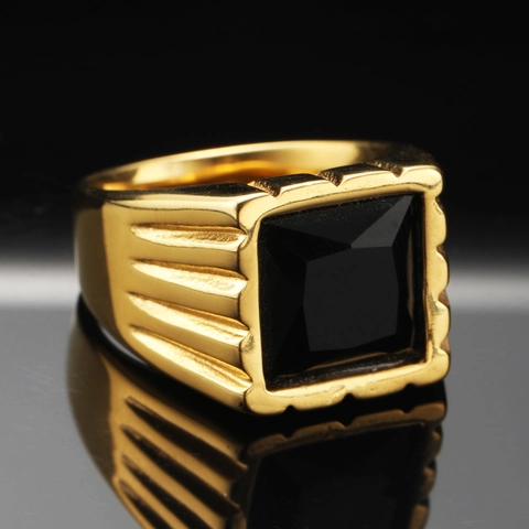 Anello da Uomo in Acciaio al Titanio con Strass Quadrato Stile Industriale Oro Nero Placcato Gioielli Geometrici Dominanti Regalo