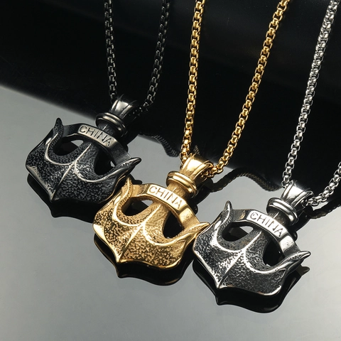Collier Pendentif Ancre en Acier Inoxydable Hip Hop Rétro Rock Métal Solide Lettre China Gravée pour Hommes Bijoux