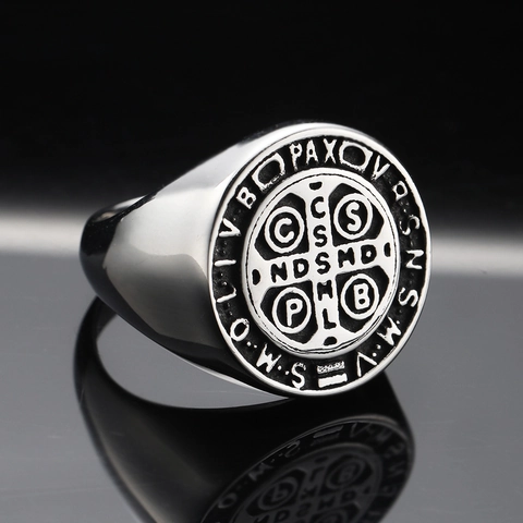 Anello con Sigillo a Medaglia di San Benedetto in Acciaio Inossidabile Gioielli Punk Hip Hop Religiosi Vintage per Uomo