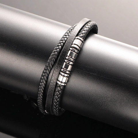 Men's Multilayer Leather Bracelet Braided Titanium Steel Beads Bracelet Punk Industrial Style Magnetic Clasp Jewelry