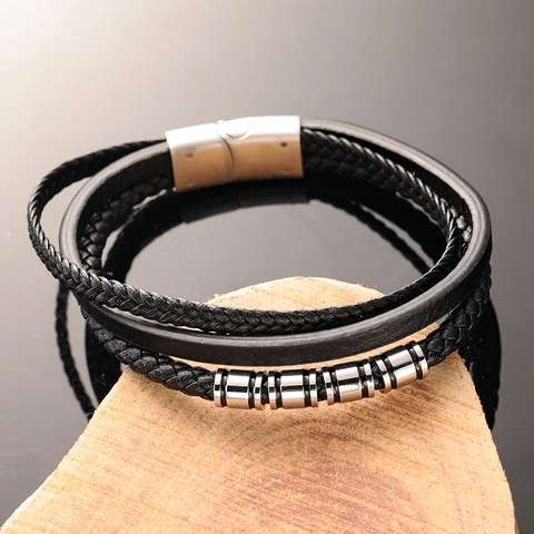 Men's Multilayer Leather Bracelet Braided Titanium Steel Beads Bracelet Punk Industrial Style Magnetic Clasp Jewelry