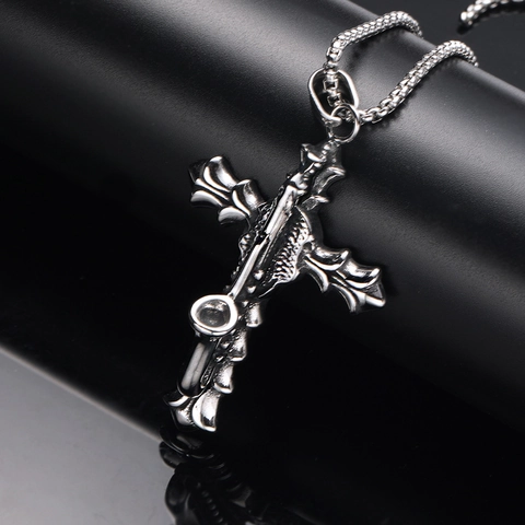 Gothic Punk Kreuz Anhänger Halskette Für Herren Vintage Titanstahl Flügel Schwert Design Retro Hip Hop Schmuck Halsschmuck